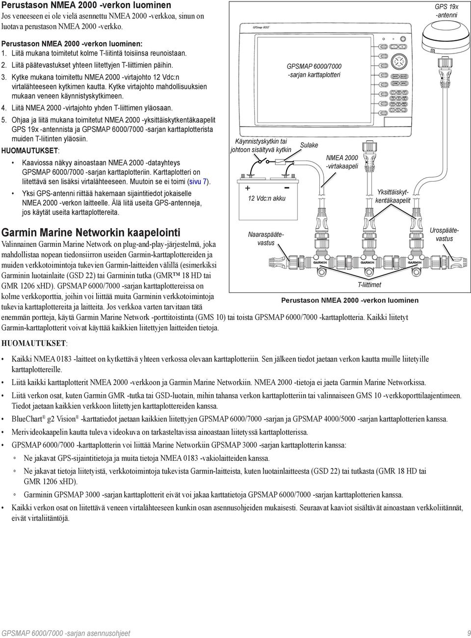 Kytke mukana toimitettu NMEA 2000 virtajohto 12 Vdc:n virtalähteeseen kytkimen kautta. Kytke virtajohto mahdollisuuksien mukaan veneen käynnistyskytkimeen. 4.