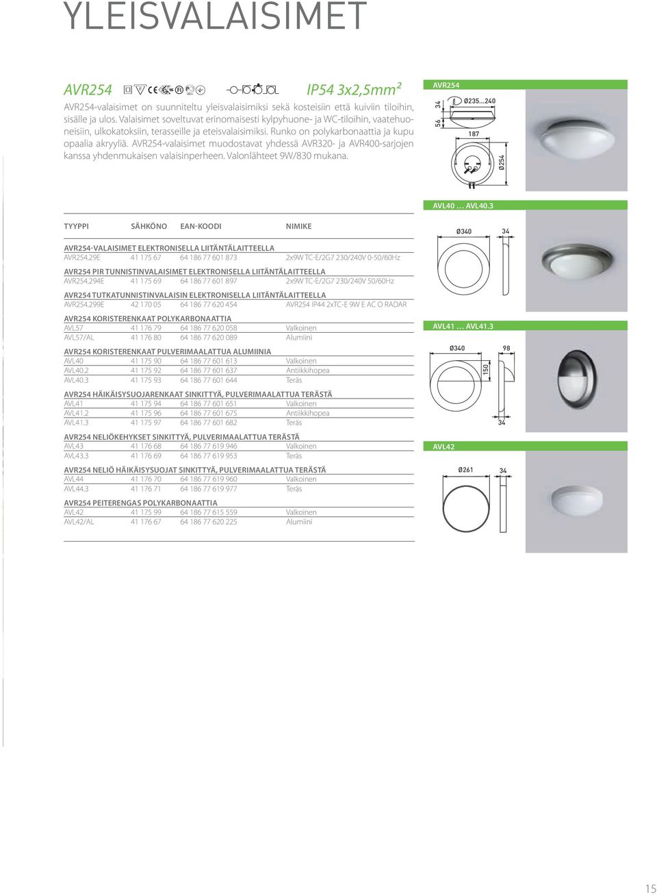 AVR254-valaisimet muodostavat yhdessä AVR320- ja AVR400-sarjojen kanssa yhdenmukaisen valaisinperheen. Valonlähteet 9W/830 mukana. AVR254 56 34 Ø235...240 187 Ø254 AVL40 AVL40.