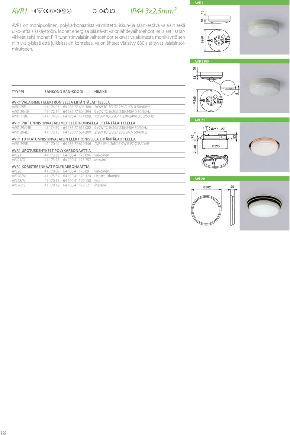 Valonlähteet värisävy 830 sisältyvät valaisintoimitukseen. AVR1 Ø260 40 AVR1 PIR AVR1 VALAISIMET ELEKTRONISELLA LIITÄNTÄLAITTEELLA AVR1.