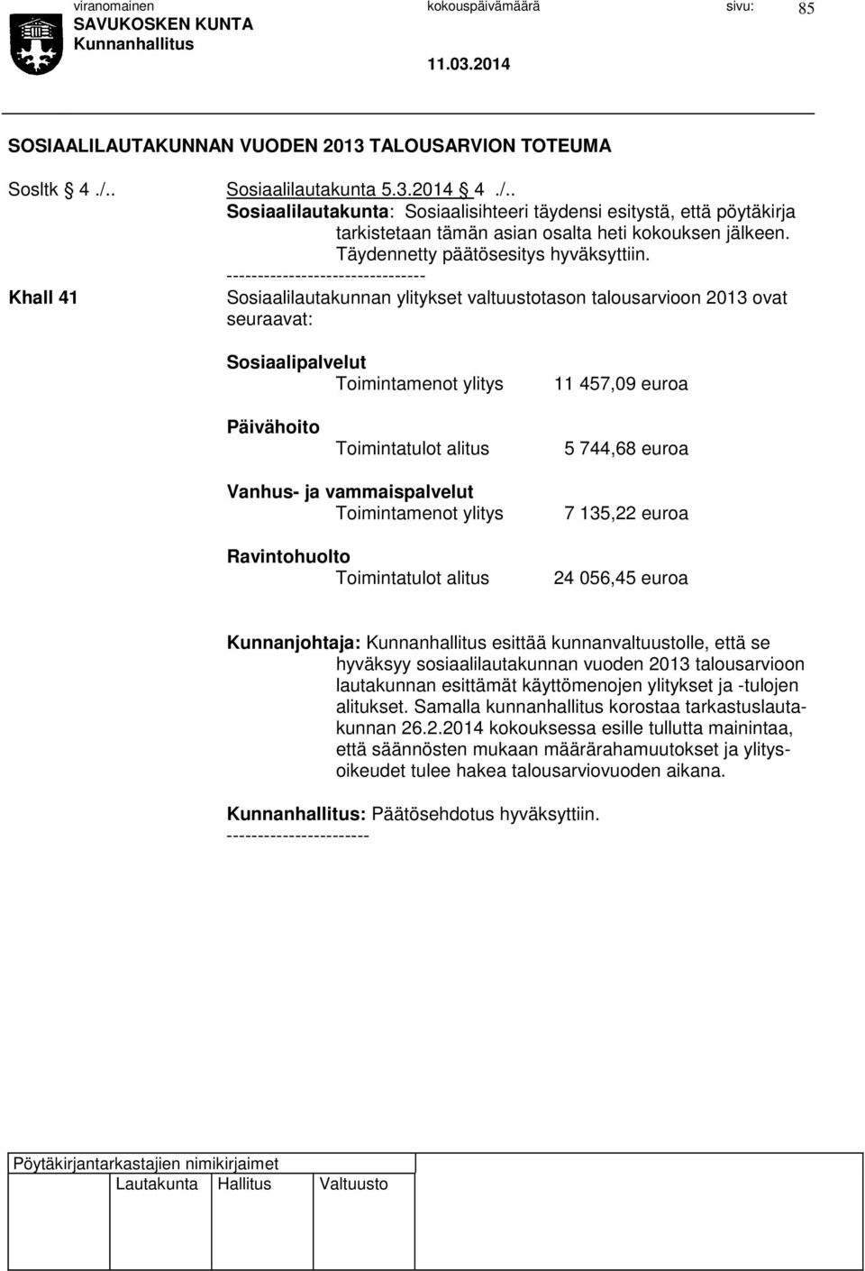 -------------------------------- Khall 41 Sosiaalilautakunnan ylitykset valtuustotason talousarvioon 2013 ovat seuraavat: Sosiaalipalvelut Toimintamenot ylitys 11 457,09 euroa Päivähoito