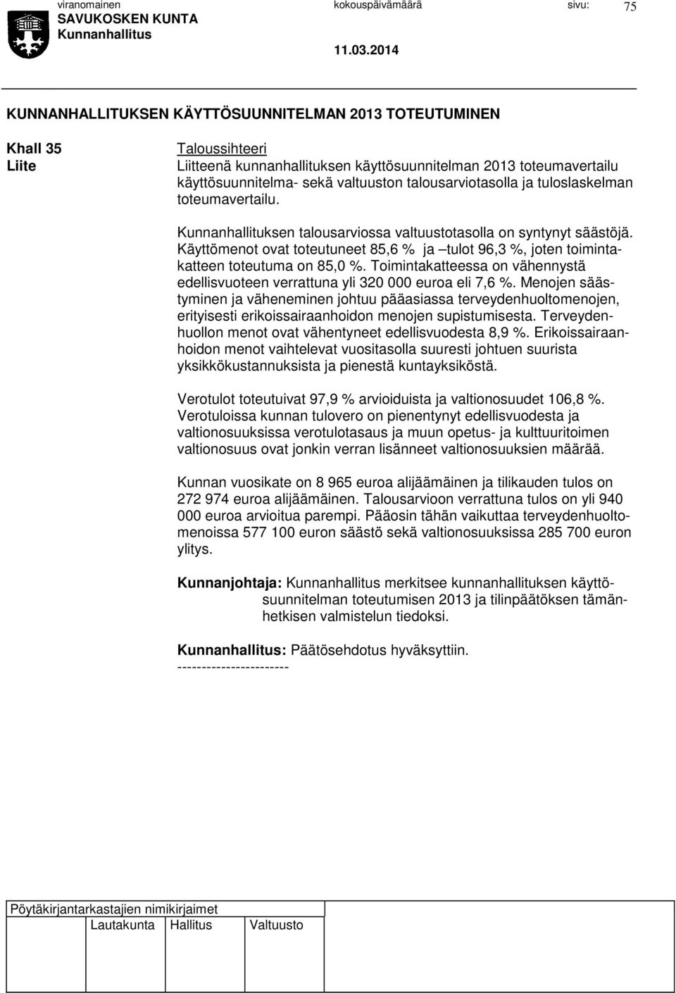 Käyttömenot ovat toteutuneet 85,6 % ja tulot 96,3 %, joten toimintakatteen toteutuma on 85,0 %. Toimintakatteessa on vähennystä edellisvuoteen verrattuna yli 320 000 euroa eli 7,6 %.