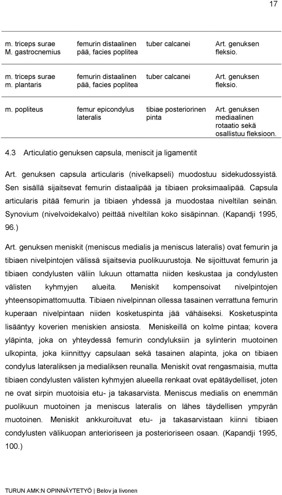 genuksen mediaalinen rotaatio sekä osallistuu fleksioon. 4.3 Articulatio genuksen capsula, meniscit ja ligamentit Art. genuksen capsula articularis (nivelkapseli) muodostuu sidekudossyistä.