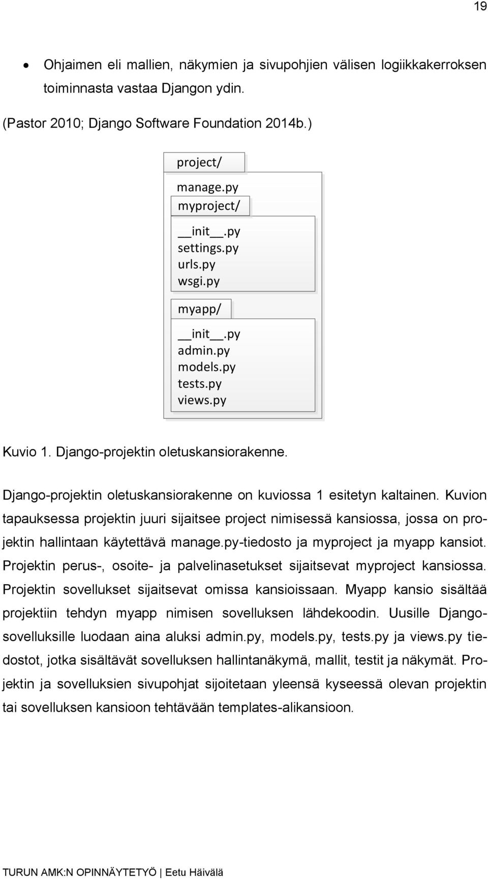 Kuvion tapauksessa projektin juuri sijaitsee project nimisessä kansiossa, jossa on projektin hallintaan käytettävä manage.py-tiedosto ja myproject ja myapp kansiot.