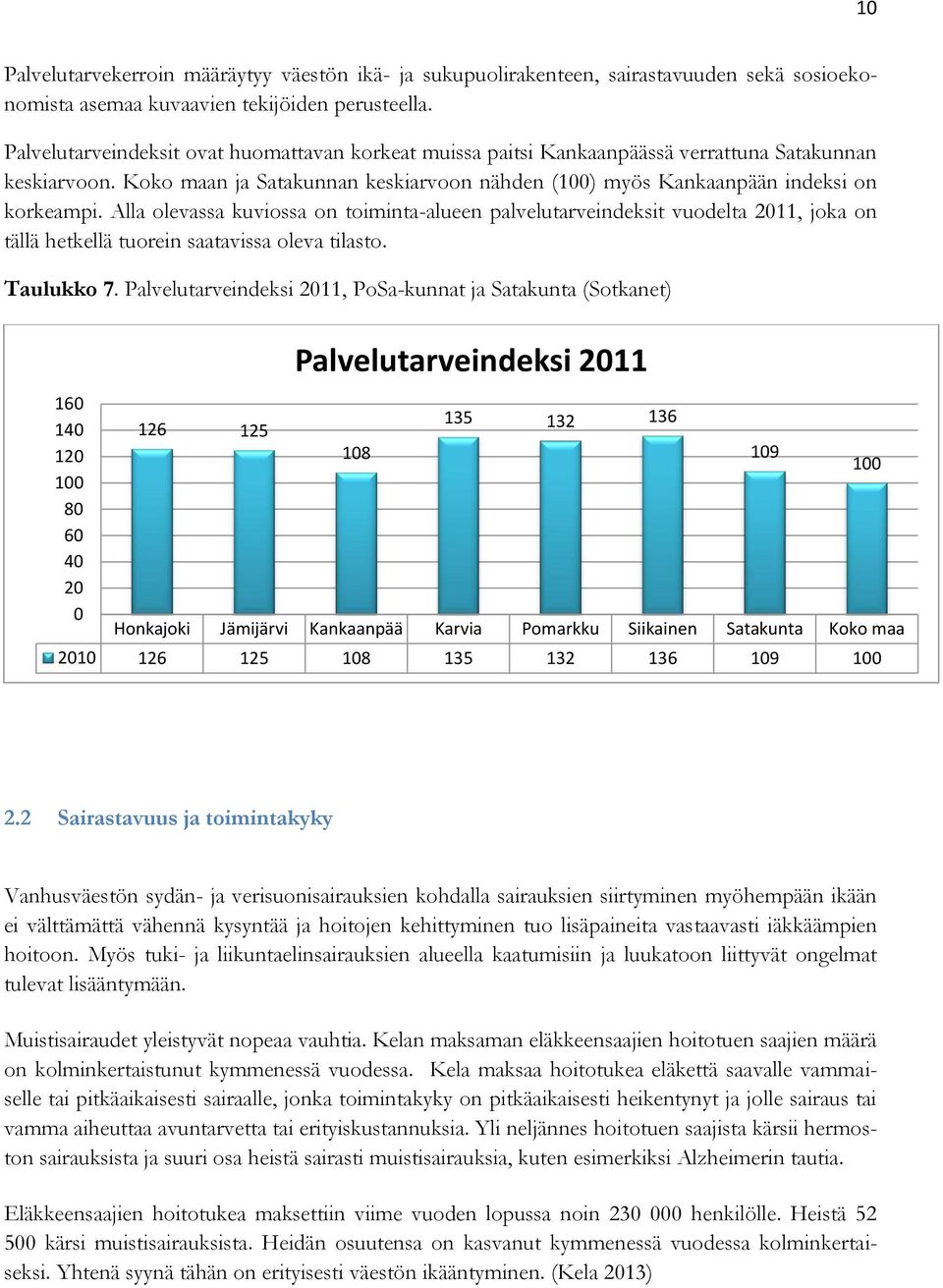 Alla olevassa kuviossa on toiminta-alueen palvelutarveindeksit vuodelta 2011, joka on tällä hetkellä tuorein saatavissa oleva tilasto. Taulukko 7.