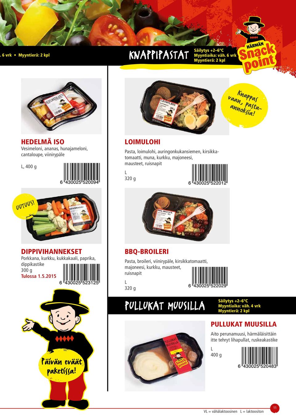 ruisnapit 320 g DIPPIVIHANNEKSET Porkkana, kurkku, kukkakaali, paprika, dippikastike 300 g Tulossa 1.5.2015 Päivän eväät paketissa!