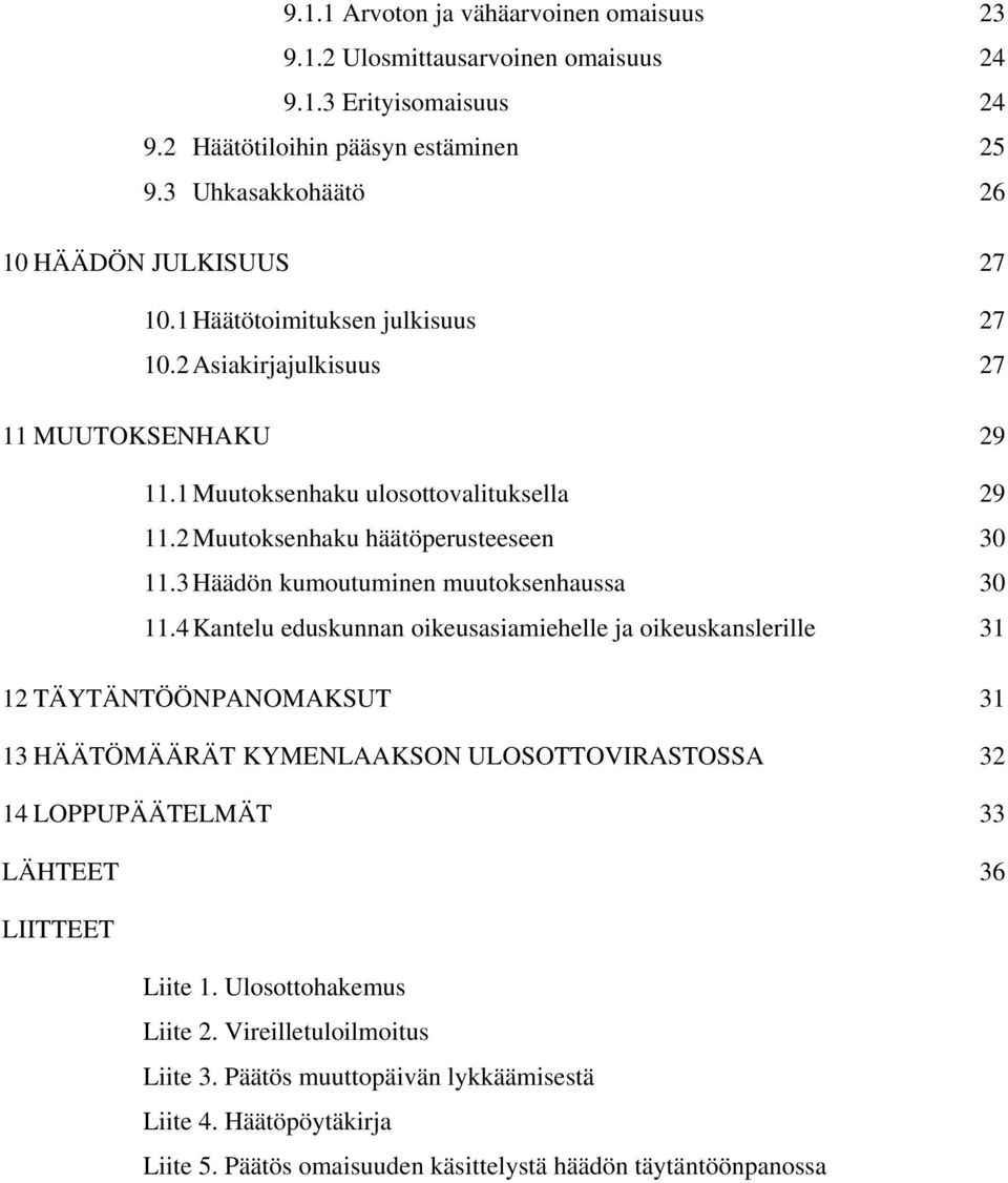 4 Kantelu eduskunnan oikeusasiamiehelle ja oikeuskanslerille 12 TÄYTÄNTÖÖNPANOMAKSUT 13 HÄÄTÖMÄÄRÄT KYMENLAAKSON ULOSOTTOVIRASTOSSA 14 LOPPUPÄÄTELMÄT LÄHTEET 23 24 24 25 26 27 27 27 29 29 30