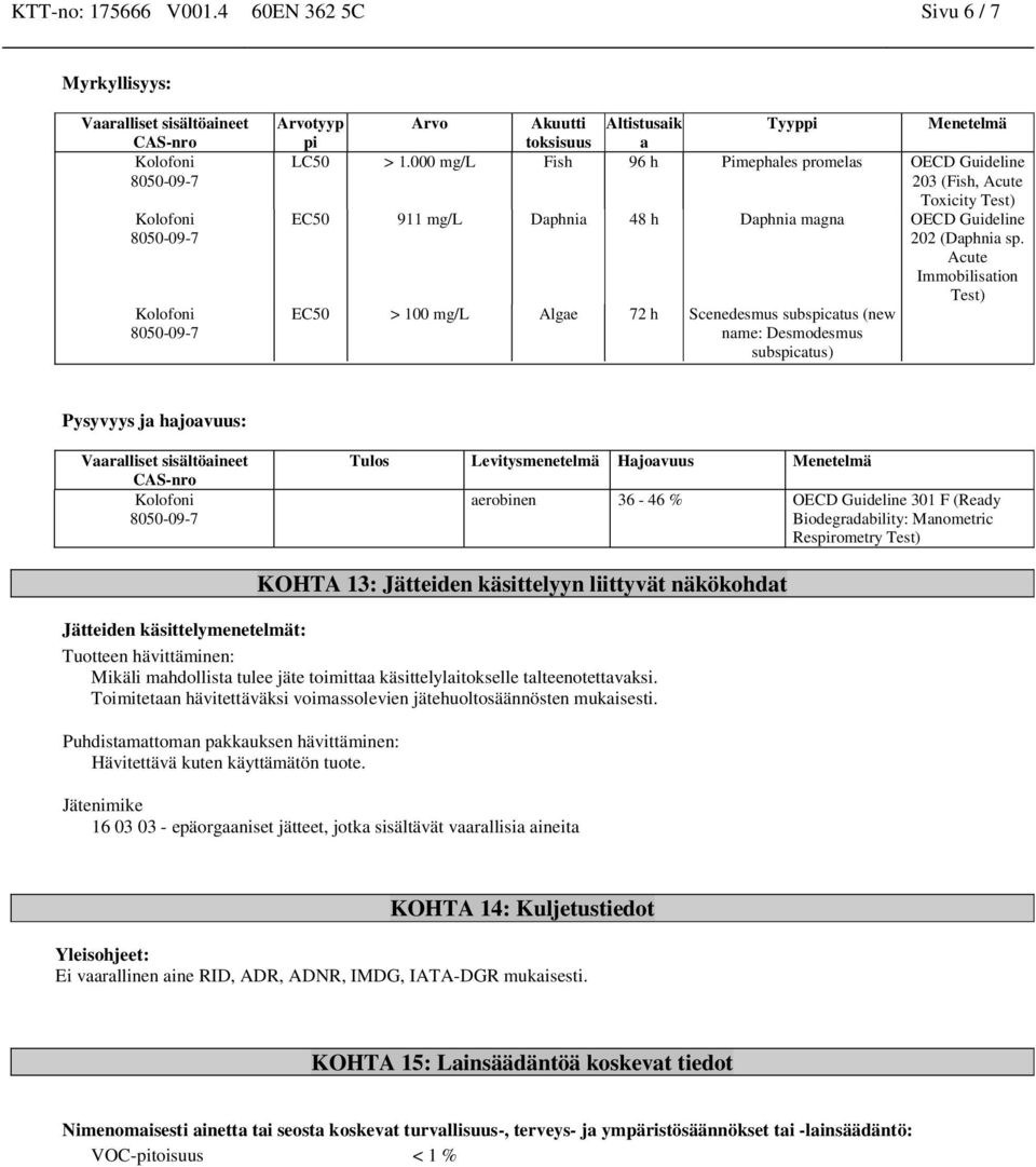 Acute Immobilisation Test) EC50 > 100 mg/l Algae 72 h Scenedesmus subspicatus (new name: Desmodesmus subspicatus) Pysyvyys ja hajoavuus: Tulos Levitysmenetelmä Hajoavuus Menetelmä aerobinen 36-46 %