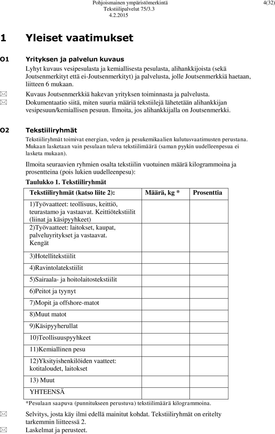 Dokumentaatio siitä, miten suuria määriä tekstiilejä lähetetään alihankkijan vesipesuun/kemiallisen pesuun. Ilmoita, jos alihankkijalla on Joutsenmerkki.