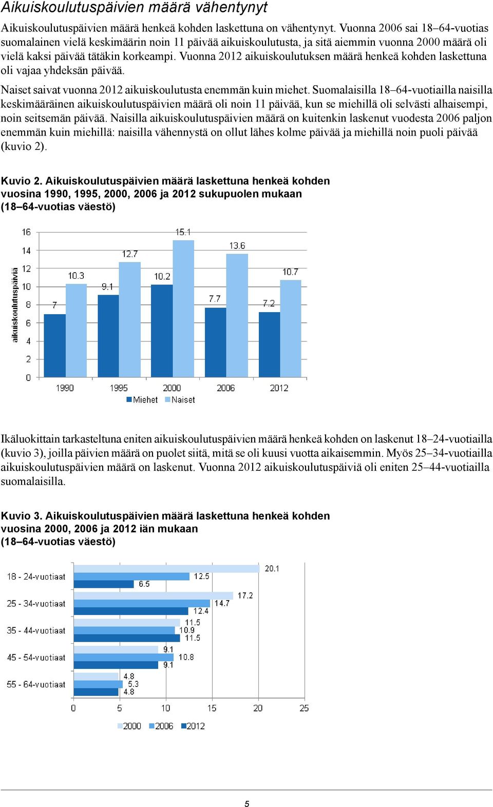 Vuonna 2012 aikuiskoulutuksen määrä henkeä kohden laskettuna oli vajaa yhdeksän päivää. Naiset saivat vuonna 2012 aikuiskoulutusta enemmän kuin miehet.