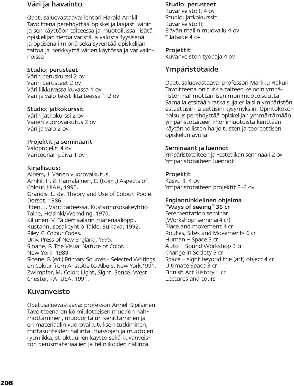 1 ov Väri ja valo tekstiilitaiteessa 1-2 ov Studio; jatkokurssit Värin jatkokurssi 2 ov Värien vuorovaikutus 2 ov Väri ja valo 2 ov Projektit ja seminaarit Valoprojekti 4 ov Väriteorian päivä 1 ov