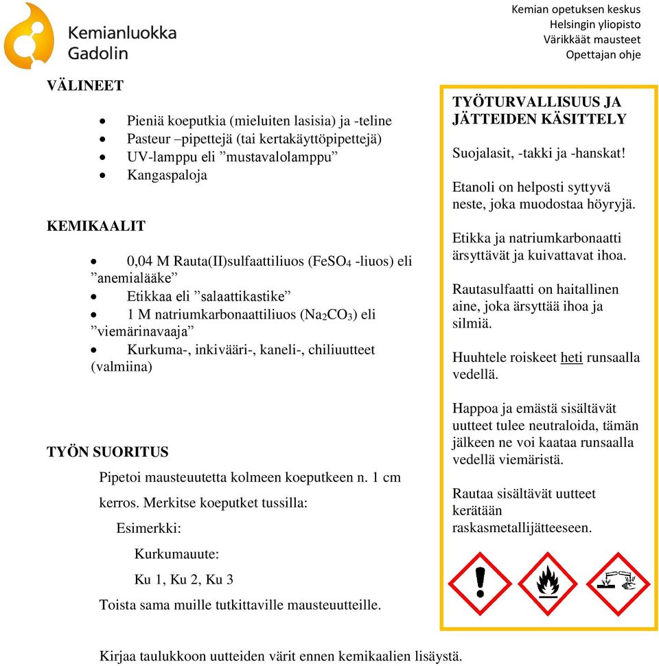 kolmeen koeputkeen n. 1 cm kerros. Merkitse koeputket tussilla: Esimerkki: Kurkumauute: Ku 1, Ku 2, Ku 3 Toista sama muille tutkittaville mausteuutteille.