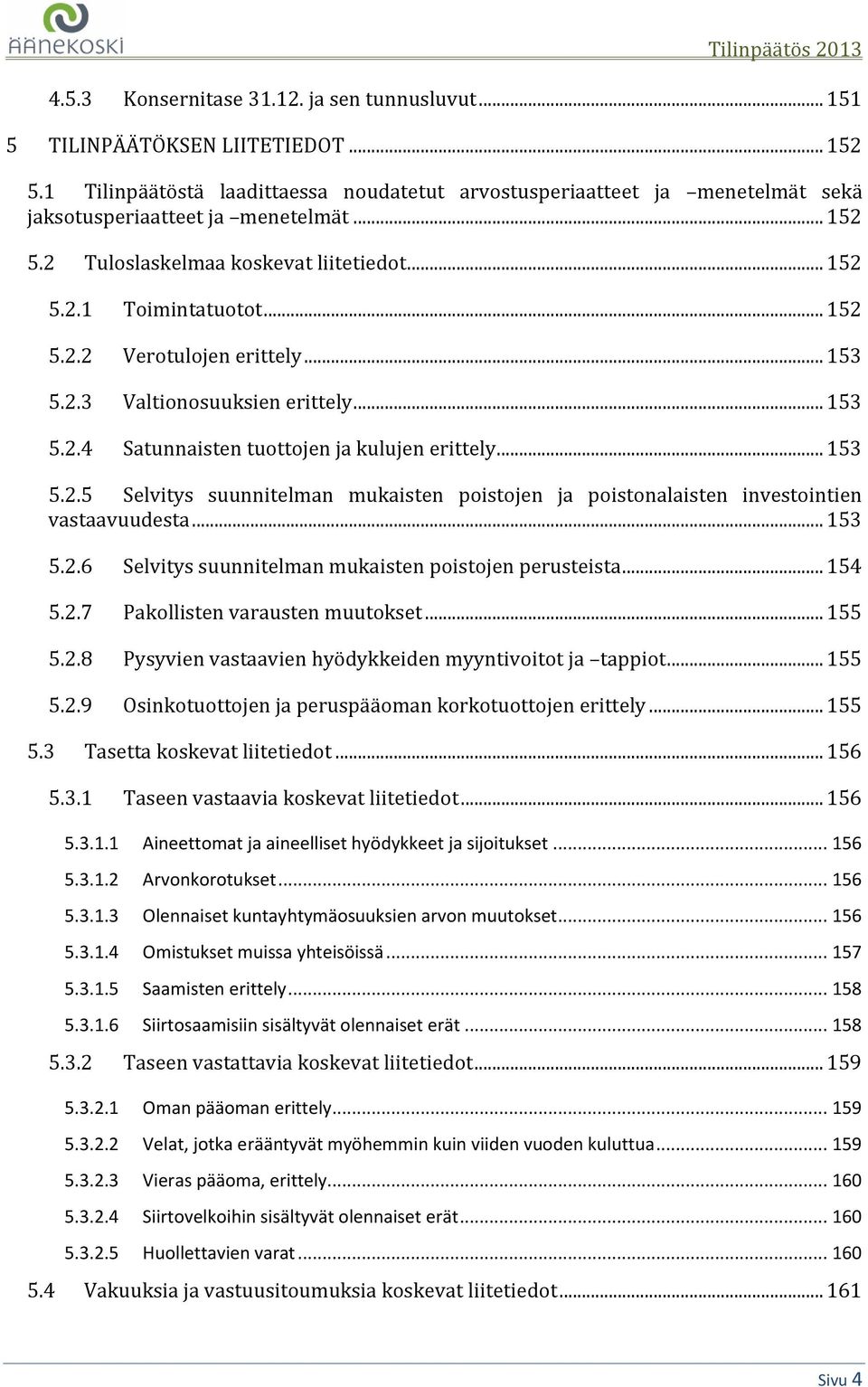 .. 153 5.2.3 Valtionosuuksien erittely... 153 5.2.4 Satunnaisten tuottojen ja kulujen erittely... 153 5.2.5 Selvitys suunnitelman mukaisten poistojen ja poistonalaisten investointien vastaavuudesta.