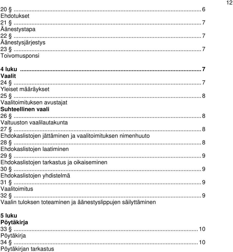 .. 8 Ehdokaslistojen jättäminen ja vaalitoimituksen nimenhuuto 28... 8 Ehdokaslistojen laatiminen 29.