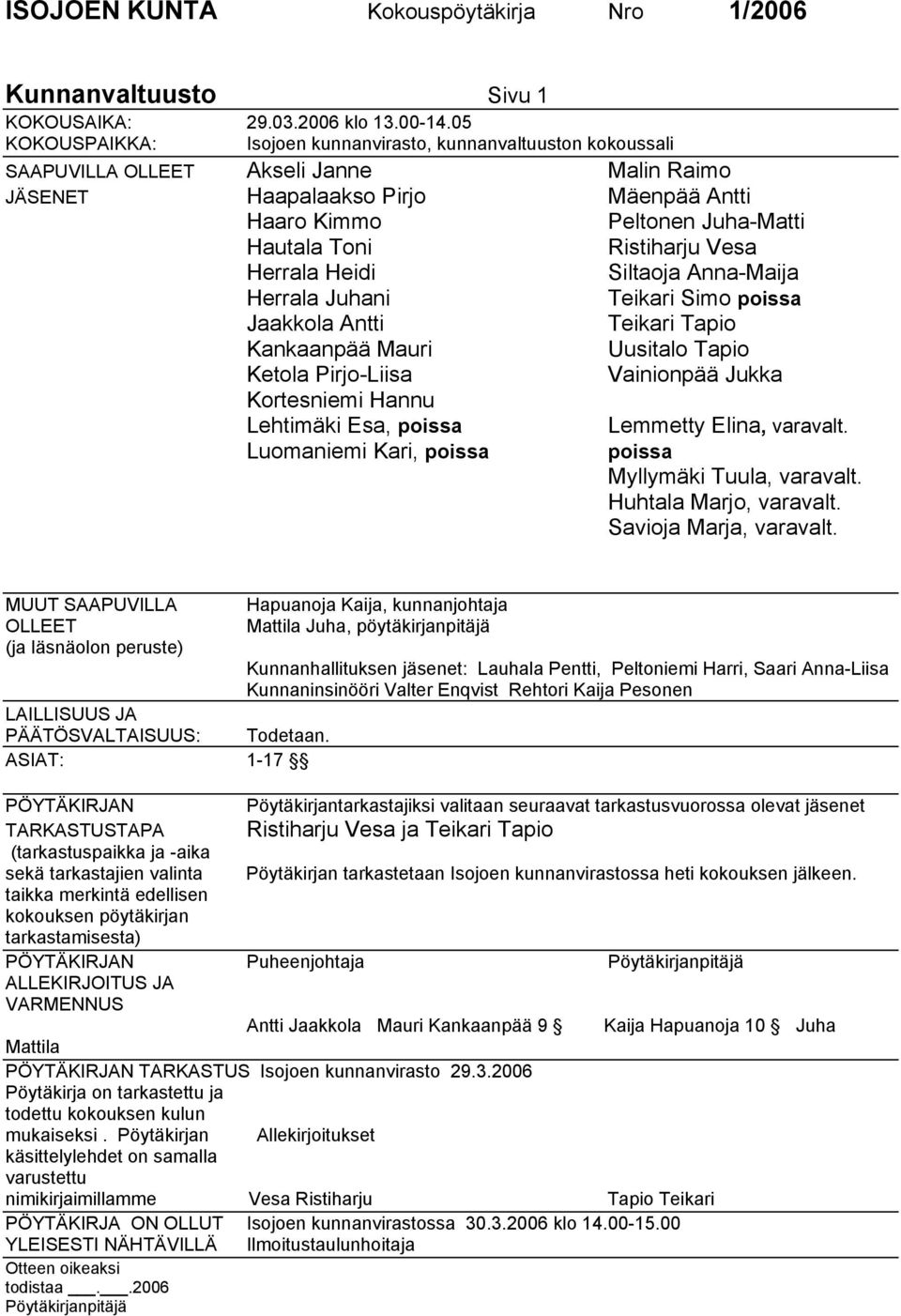 Heidi Siltaoja Anna-Maija Herrala Juhani Teikari Simo poissa Jaakkola Antti Teikari Tapio Kankaanpää Mauri Uusitalo Tapio Ketola Pirjo-Liisa Vainionpää Jukka Kortesniemi Hannu Lehtimäki Esa, poissa