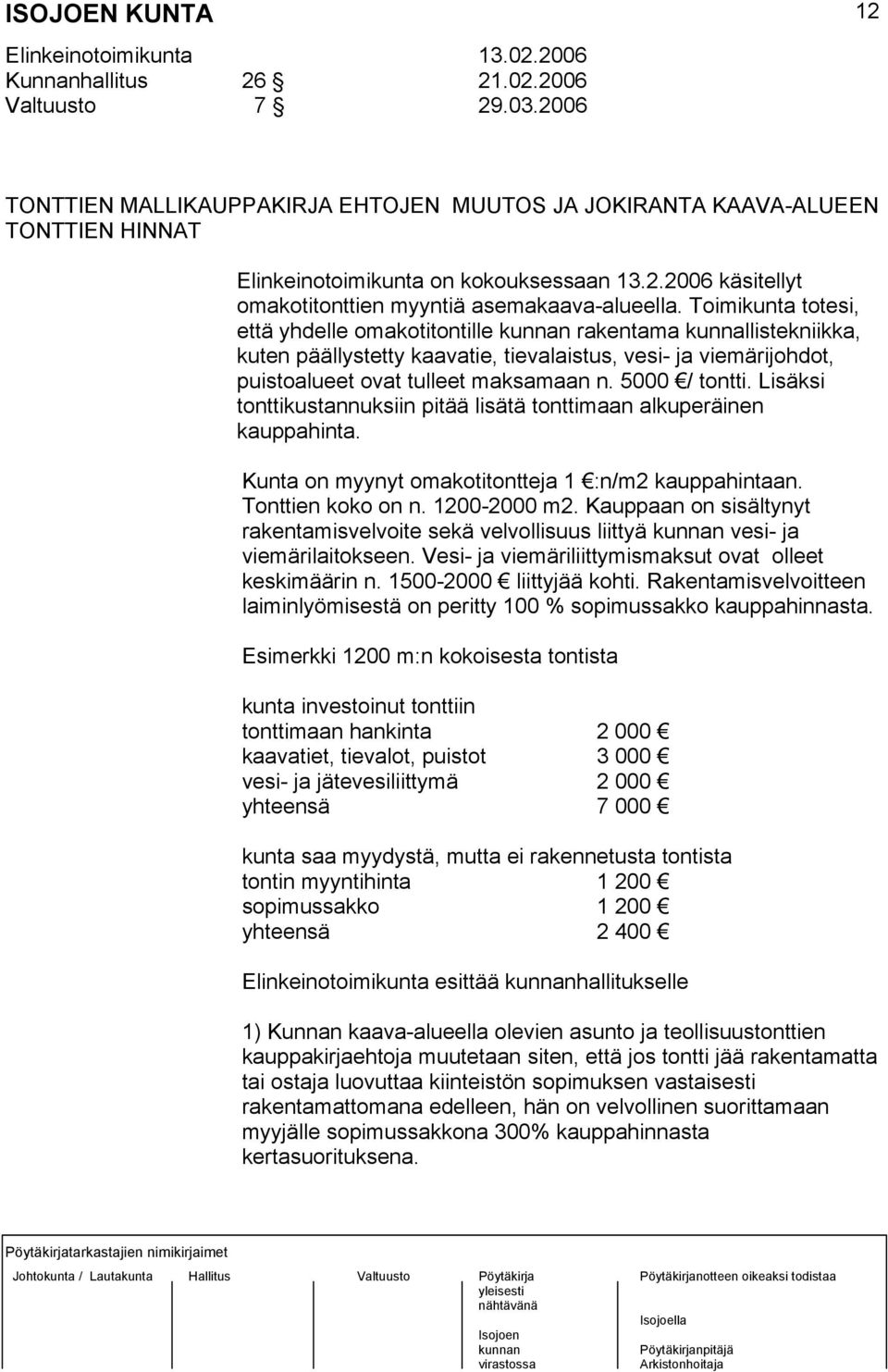 Toimikunta totesi, että yhdelle omakotitontille rakentama kunnallistekniikka, kuten päällystetty kaavatie, tievalaistus, vesi- ja viemärijohdot, puistoalueet ovat tulleet maksamaan n. 5000 / tontti.