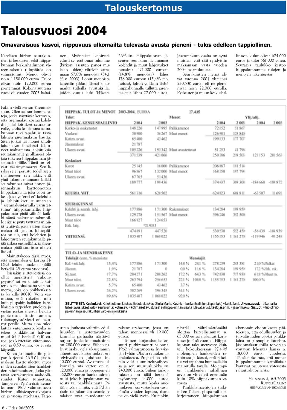 Kokonaisuutena vuosi oli vuoden 2003 kaltainen. Myönteistä kehitystä edusti se, että omat tulomme (kirkon jäsenten panos mukaan lukien) riittivät kattamaan 57,8% menoista (54,1 % v. 2003).