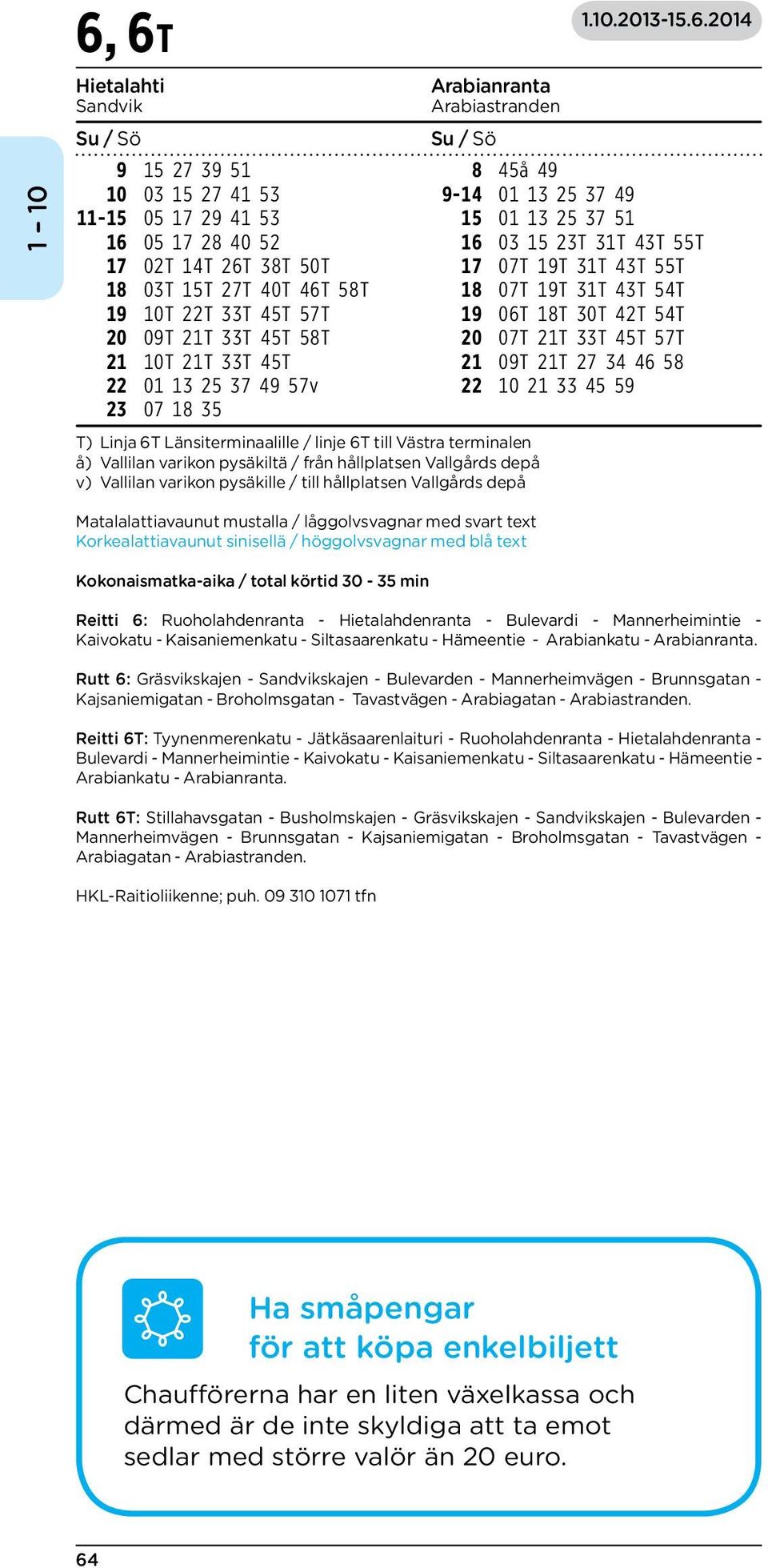 45T 21 09T 21T 27 34 46 58 22 01 13 25 37 49 57v 22 10 21 33 45 59 23 07 18 35 T) Linja 6T Länsiterminaalille / linje 6T till Västra terminalen å) Vallilan varikon pysäkiltä / från hållplatsen