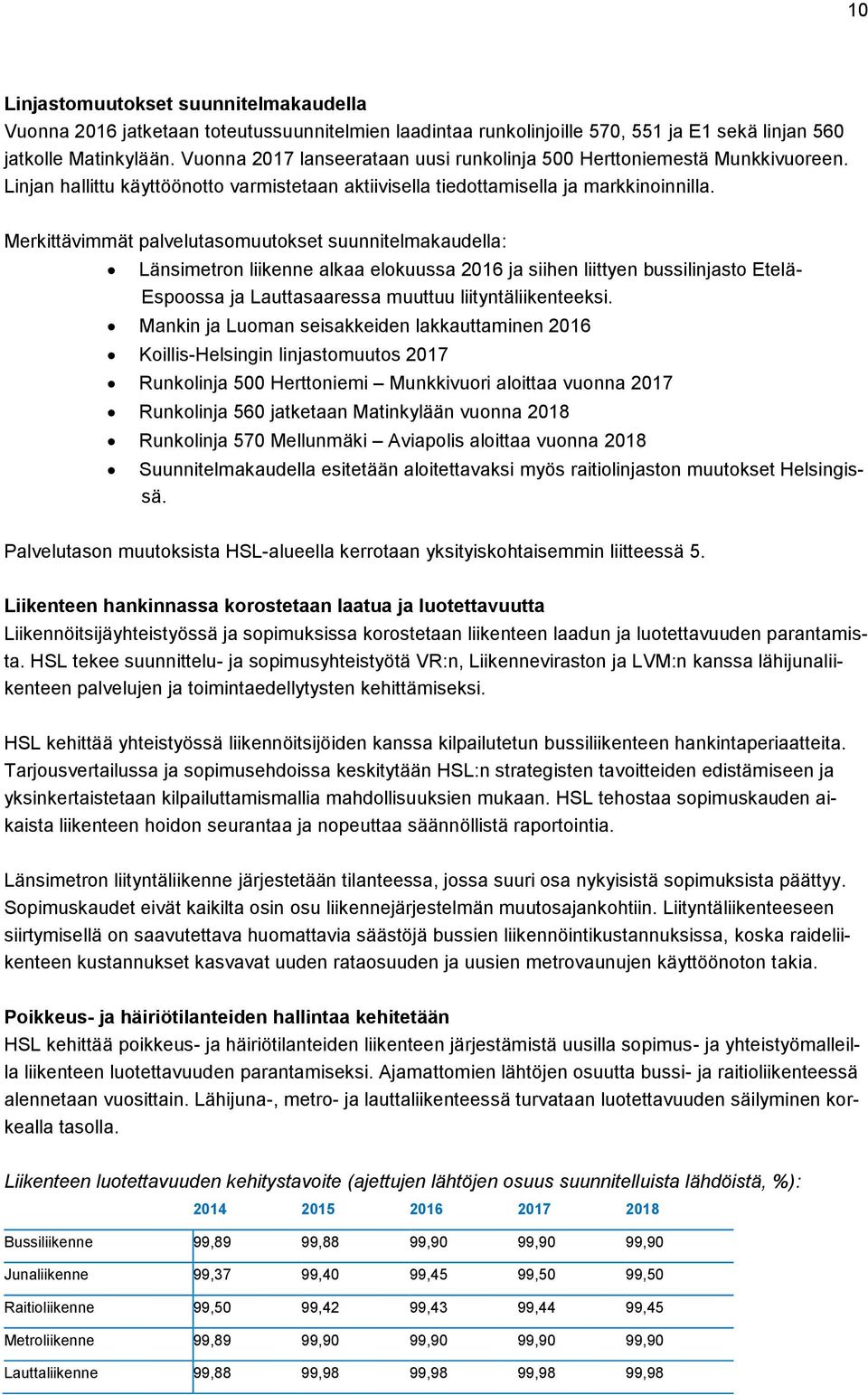 Merkittävimmät palvelutasomuutokset suunnitelmakaudella: Länsimetron liikenne alkaa elokuussa 2016 ja siihen liittyen bussilinjasto Etelä- Espoossa ja Lauttasaaressa muuttuu liityntäliikenteeksi.