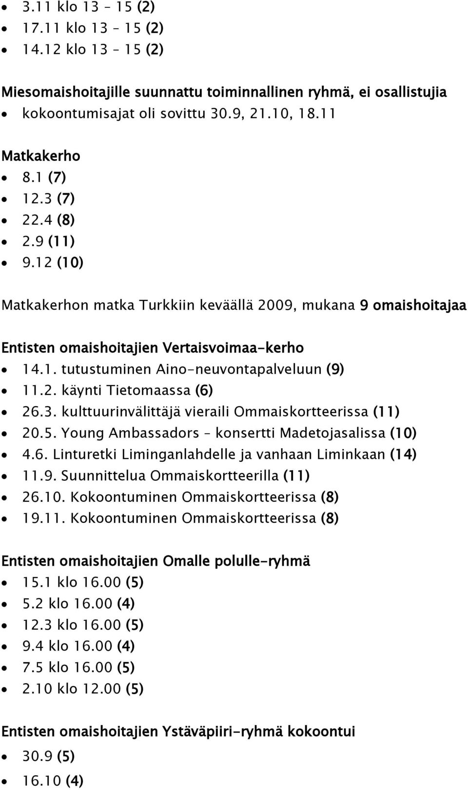 3. kulttuurinvälittäjä vieraili Ommaiskortteerissa (11) 20.5. Young Ambassadors konsertti Madetojasalissa (10) 4.6. Linturetki Liminganlahdelle ja vanhaan Liminkaan (14) 11.9.