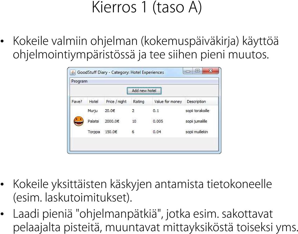 Kokeile yksittäisten käskyjen antamista tietokoneelle (esim. laskutoimitukset).