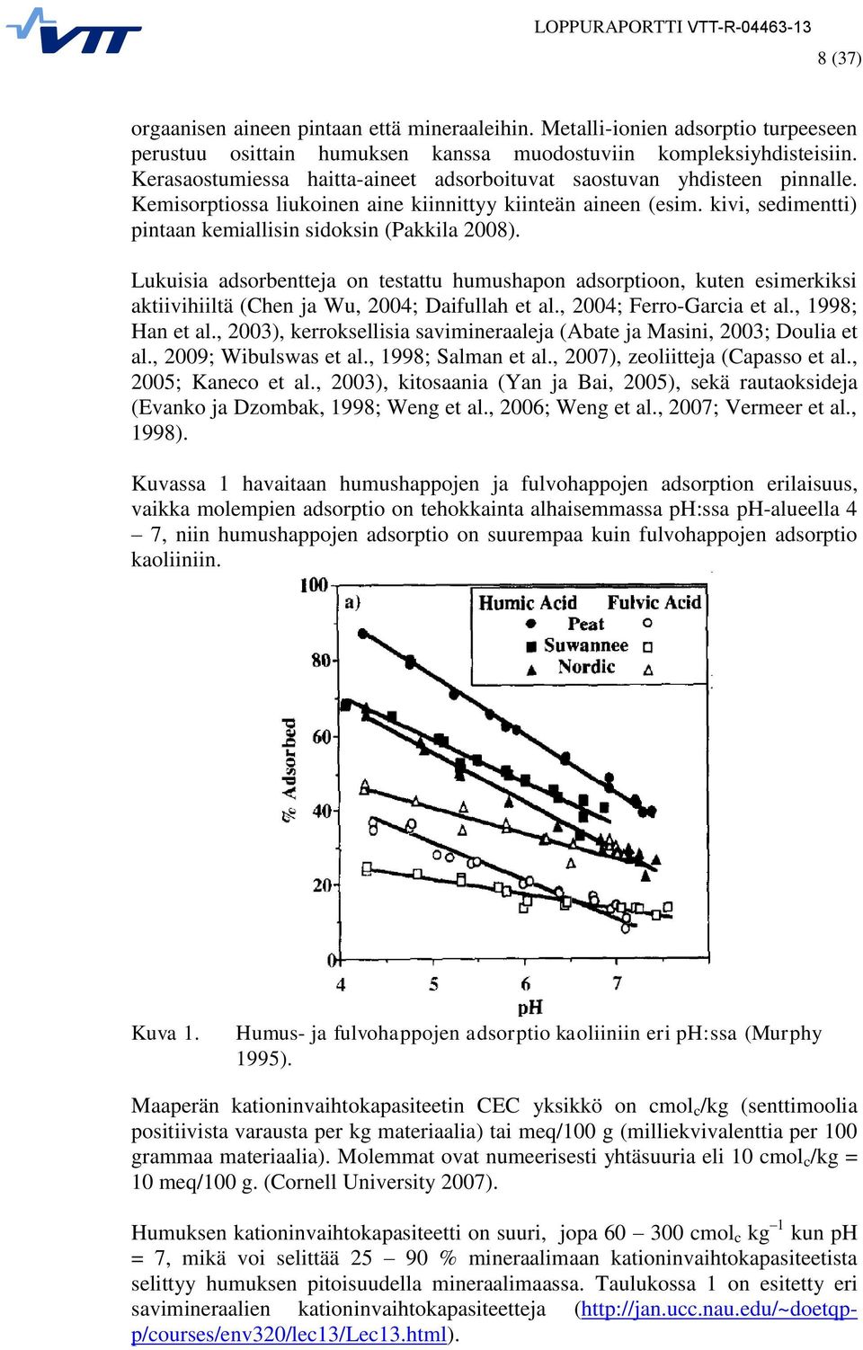 kivi, sedimentti) pintaan kemiallisin sidoksin (Pakkila 2008). Lukuisia adsorbentteja on testattu humushapon adsorptioon, kuten esimerkiksi aktiivihiiltä (Chen ja Wu, 2004; Daifullah et al.