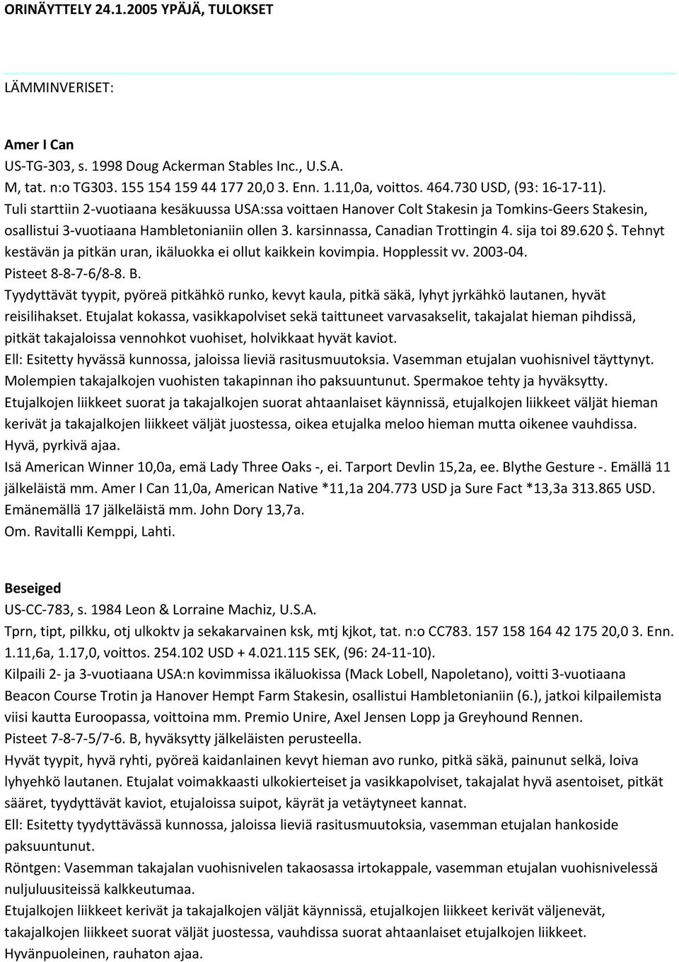karsinnassa, Canadian Trottingin 4. sija toi 89.620 $. Tehnyt kestävän ja pitkän uran, ikäluokka ei ollut kaikkein kovimpia. Hopplessit vv. 2003 04. Pisteet 8 8 7 6/8 8. B.