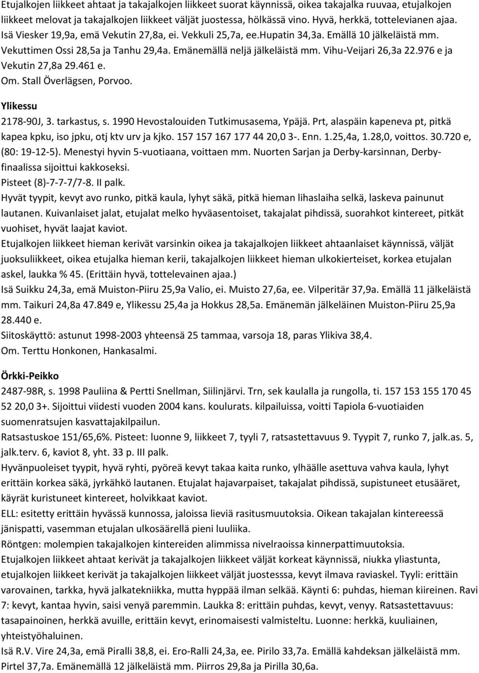 Emänemällä neljä jälkeläistä mm. Vihu Veijari 26,3a 22.976 e ja Vekutin 27,8a 29.461 e. Om. Stall Överlägsen, Porvoo. Ylikessu 2178 90J, 3. tarkastus, s. 1990 Hevostalouiden Tutkimusasema, Ypäjä.