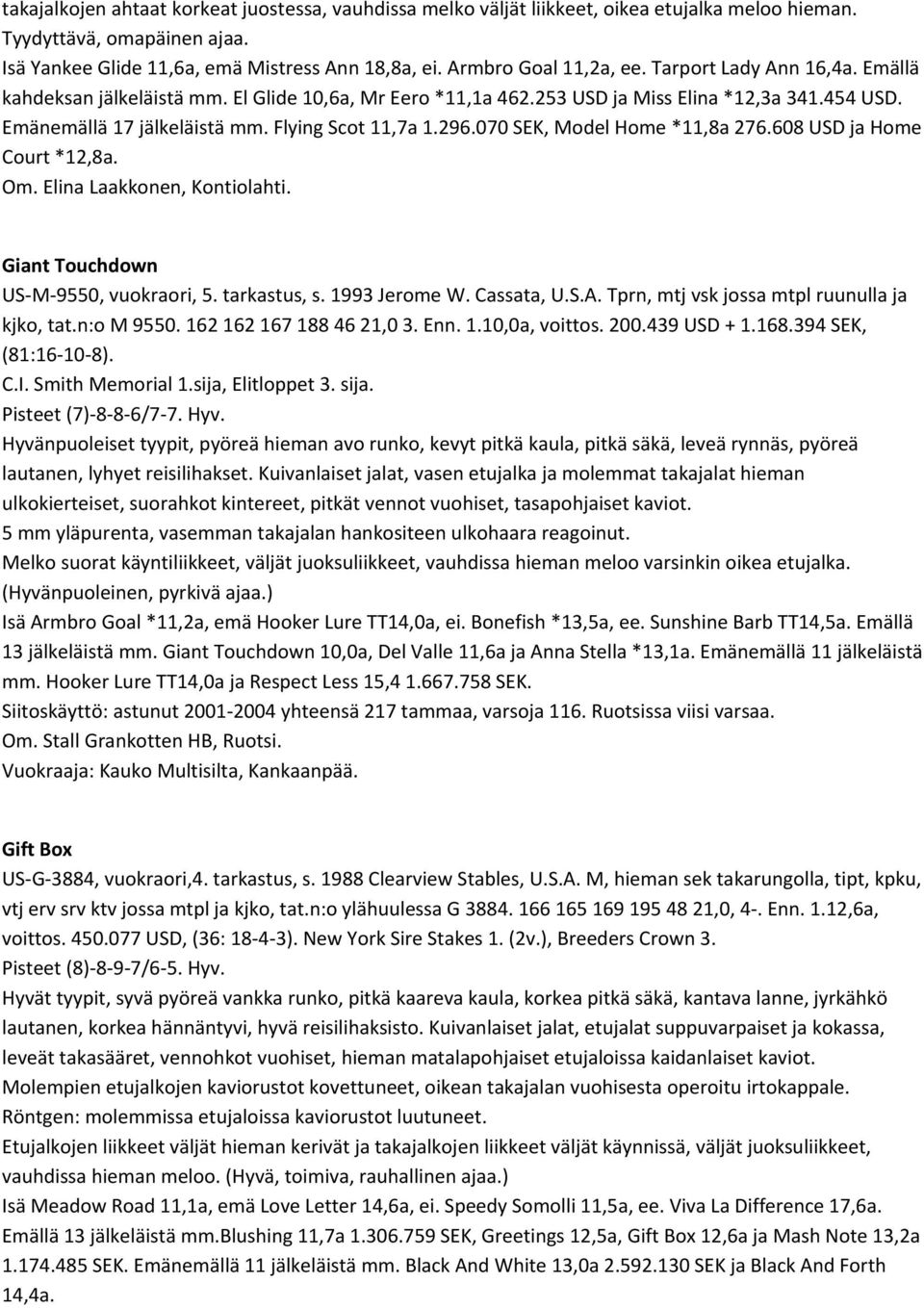 Flying Scot 11,7a 1.296.070 SEK, Model Home *11,8a 276.608 USD ja Home Court *12,8a. Om. Elina Laakkonen, Kontiolahti. Giant Touchdown US M 9550, vuokraori, 5. tarkastus, s. 1993 Jerome W. Cassata, U.