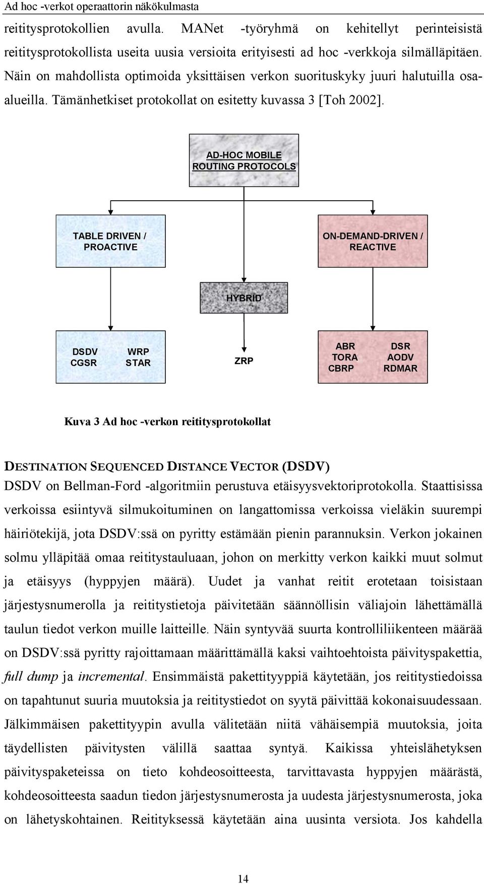 AD-HOC MOBILE ROUTING PROTOCOLS TABLE DRIVEN / PROACTIVE ON-DEMAND-DRIVEN / REACTIVE HYBRID DSDV WRP CGSR STAR ZRP ABR TORA CBRP DSR AODV RDMAR Kuva 3 Ad hoc -verkon reititysprotokollat DESTINATION
