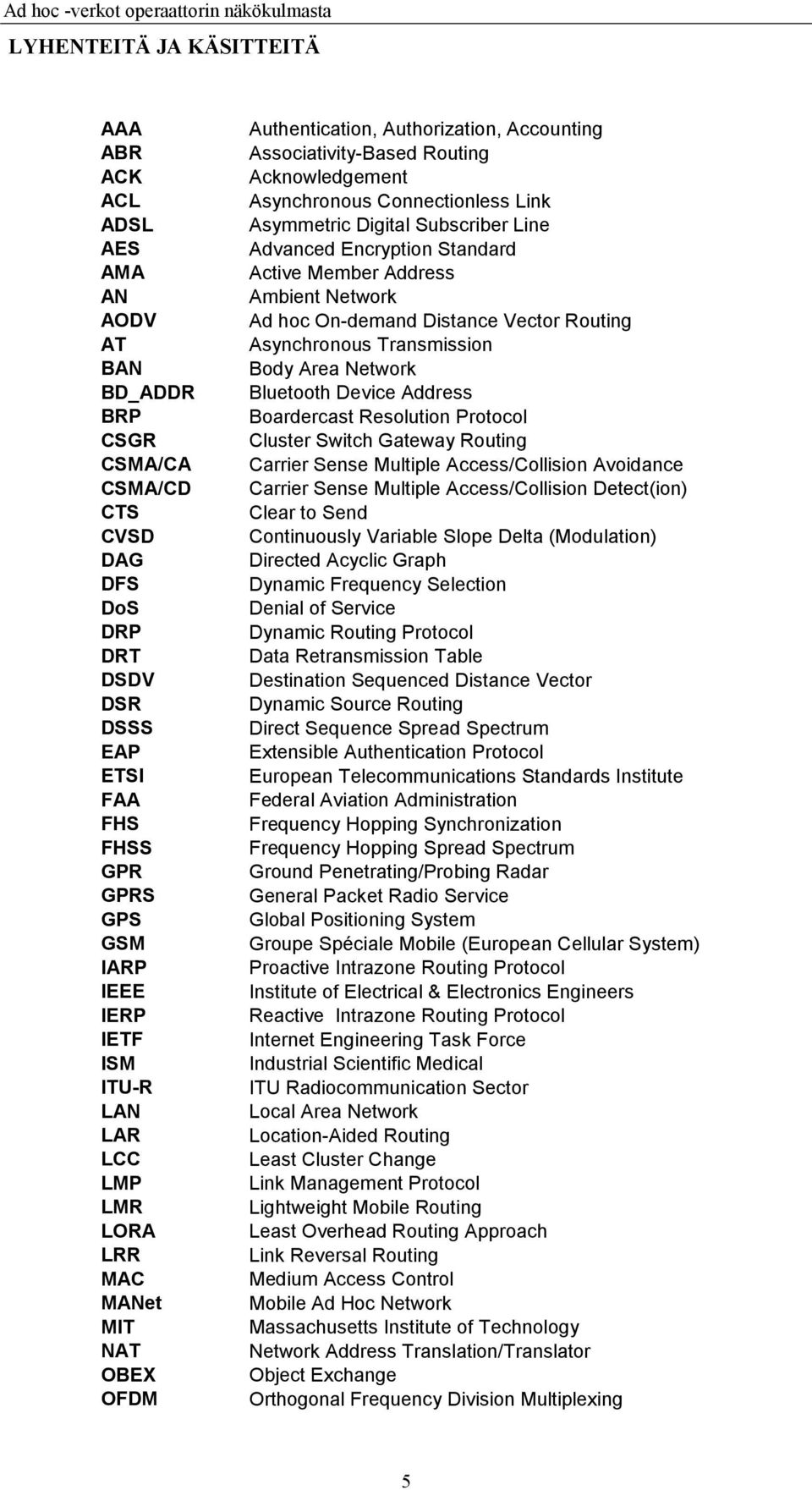 Asymmetric Digital Subscriber Line Advanced Encryption Standard Active Member Address Ambient Network Ad hoc On-demand Distance Vector Routing Asynchronous Transmission Body Area Network Bluetooth