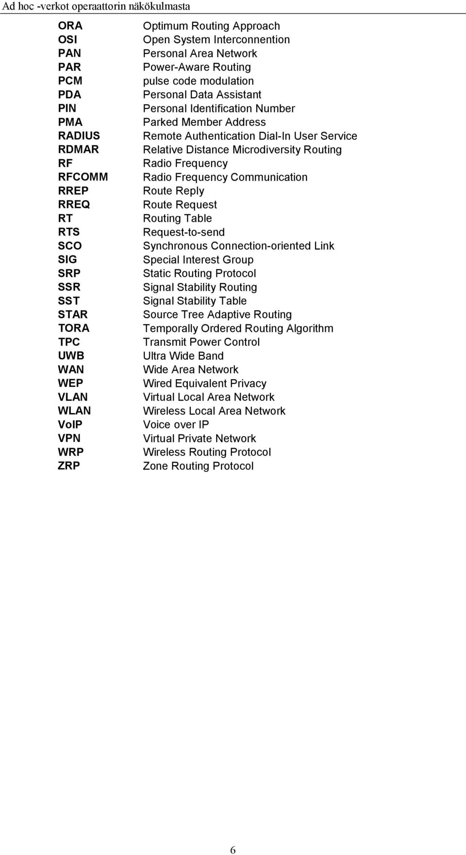 RREQ Route Request RT Routing Table RTS Request-to-send SCO Synchronous Connection-oriented Link SIG Special Interest Group SRP Static Routing Protocol SSR Signal Stability Routing SST Signal