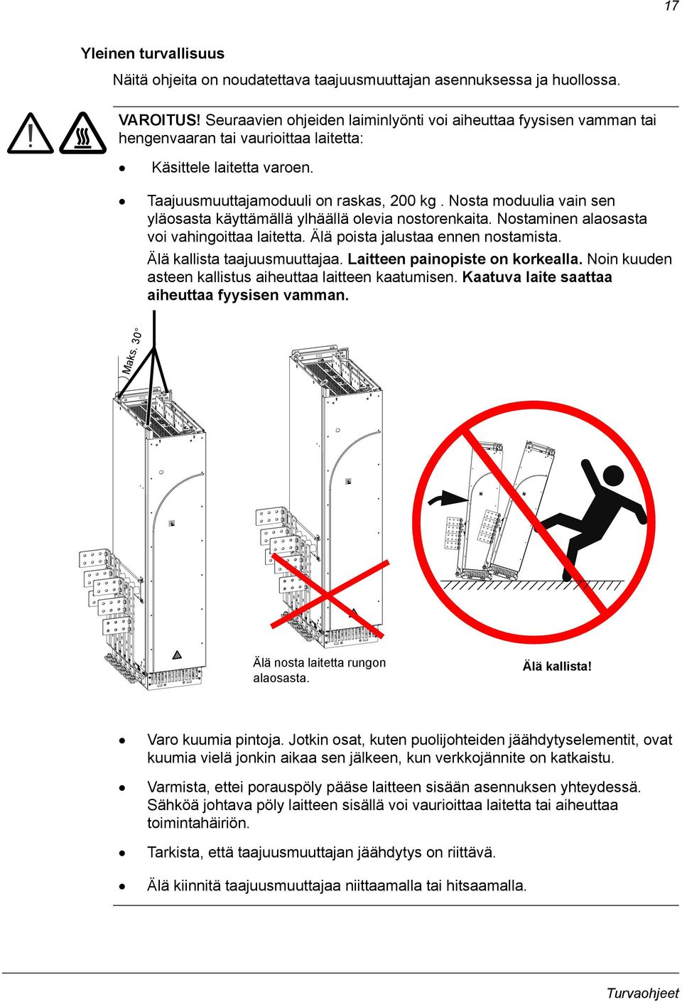 Nosta moduulia vain sen yläosasta käyttämällä ylhäällä olevia nostorenkaita. Nostaminen alaosasta voi vahingoittaa laitetta. Älä poista jalustaa ennen nostamista. Älä kallista taajuusmuuttajaa.