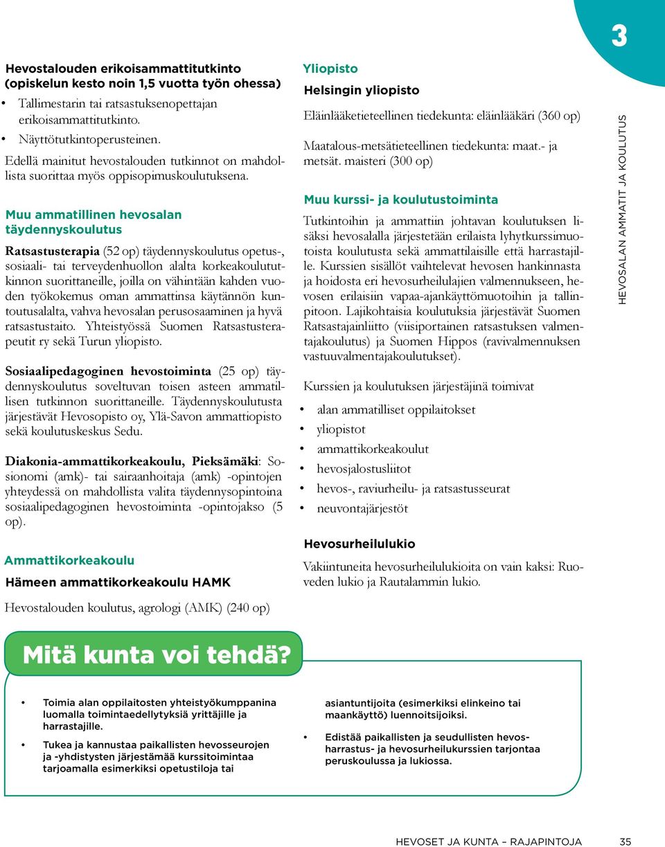 Muu ammatillinen hevosalan täydennyskoulutus Ratsastusterapia (52 op) täydennyskoulutus opetus-, sosiaali- tai terveydenhuollon alalta korkeakoulututkinnon suorittaneille, joilla on vähintään kahden