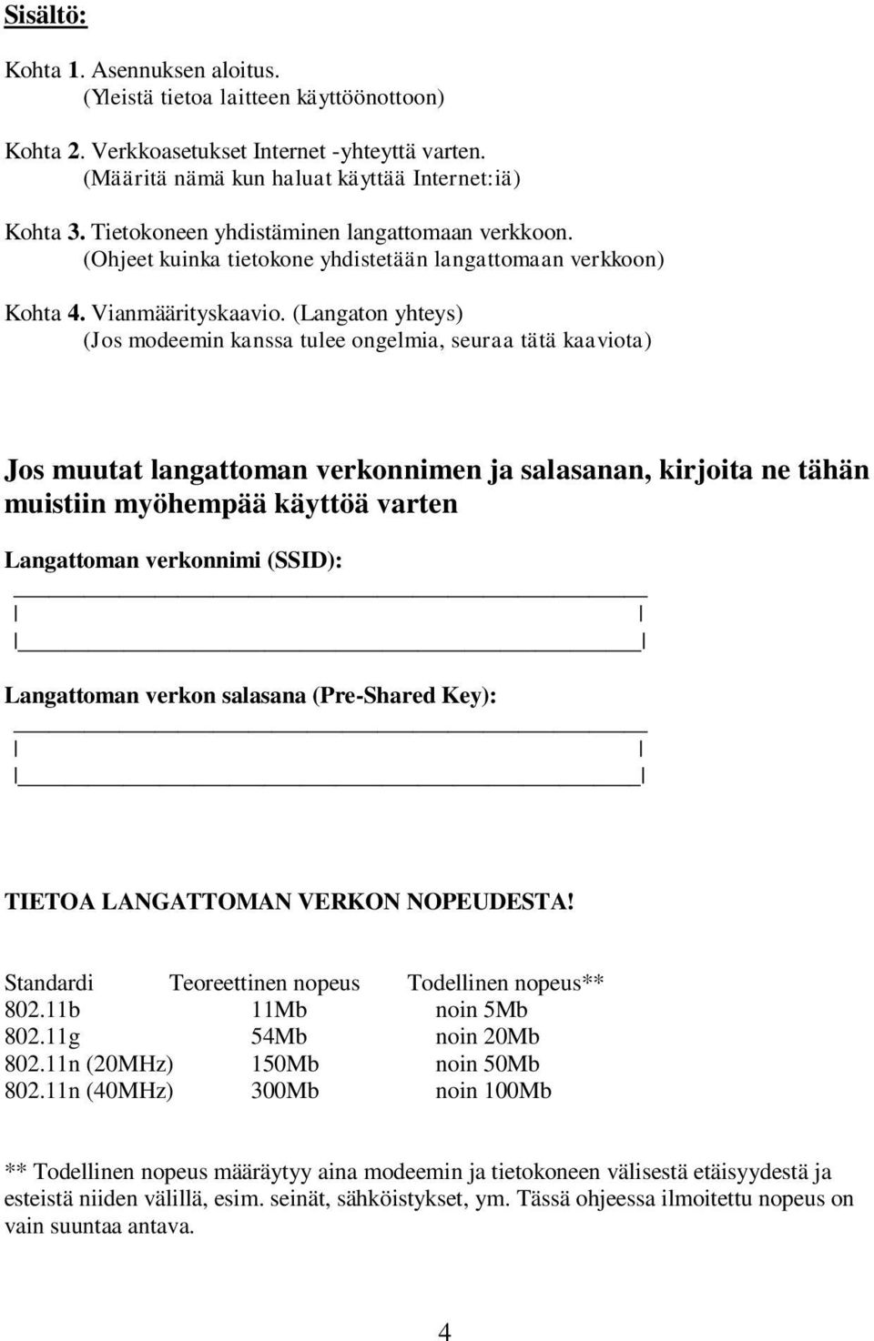 (Langaton yhteys) (Jos modeemin kanssa tulee ongelmia, seuraa tätä kaaviota) Jos muutat langattoman verkonnimen ja salasanan, kirjoita ne tähän muistiin myöhempää käyttöä varten Langattoman