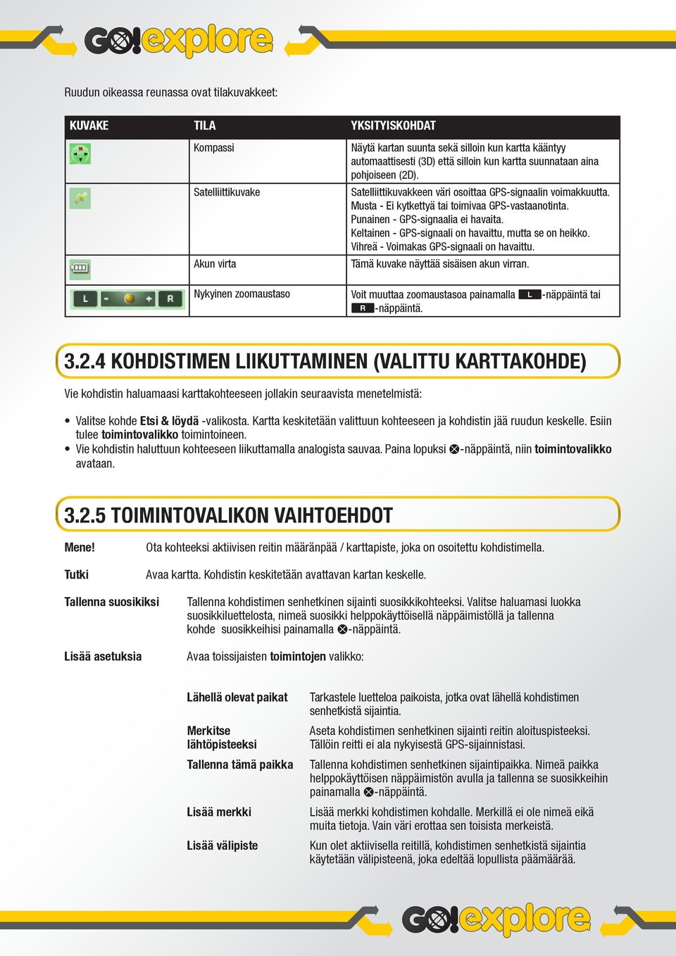 Punainen - GPS-signaalia ei havaita. Keltainen - GPS-signaali on havaittu, mutta se on heikko. Vihreä - Voimakas GPS-signaali on havaittu. Tämä kuvake näyttää sisäisen akun virran.