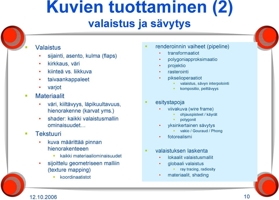 ) shader: kaikki valaistusmallin ominaisuudet Tekstuuri kuva määrittää pinnan hienorakenteeen kaikki materiaaliominaisuudet sijoittelu geometriseen malliin (texture mapping) koordinaatistot