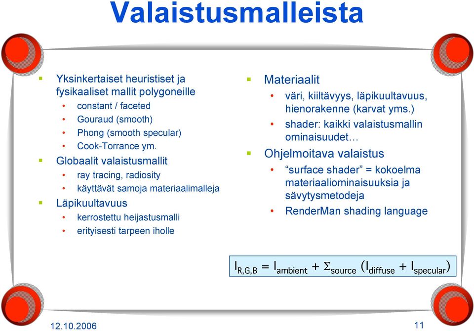 Globaalit valaistusmallit ray tracing, radiosity käyttävät samoja materiaalimalleja Läpikuultavuus kerrostettu heijastusmalli Materiaalit väri,