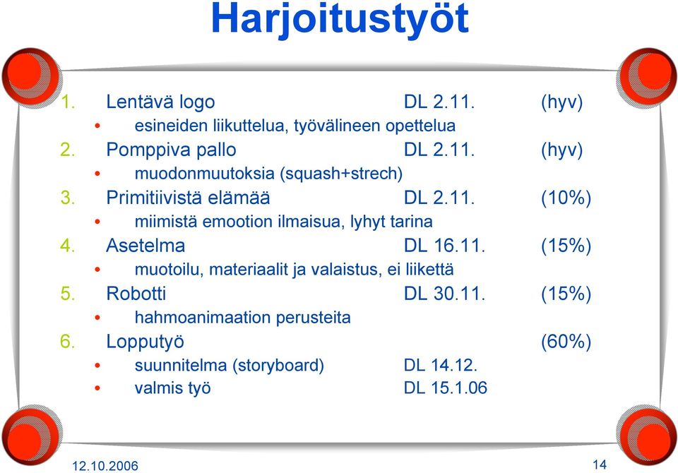 Asetelma DL 16.11. (15%) muotoilu, materiaalit ja valaistus, ei liikettä 5. Robotti DL 30.11. (15%) hahmoanimaation perusteita 6.