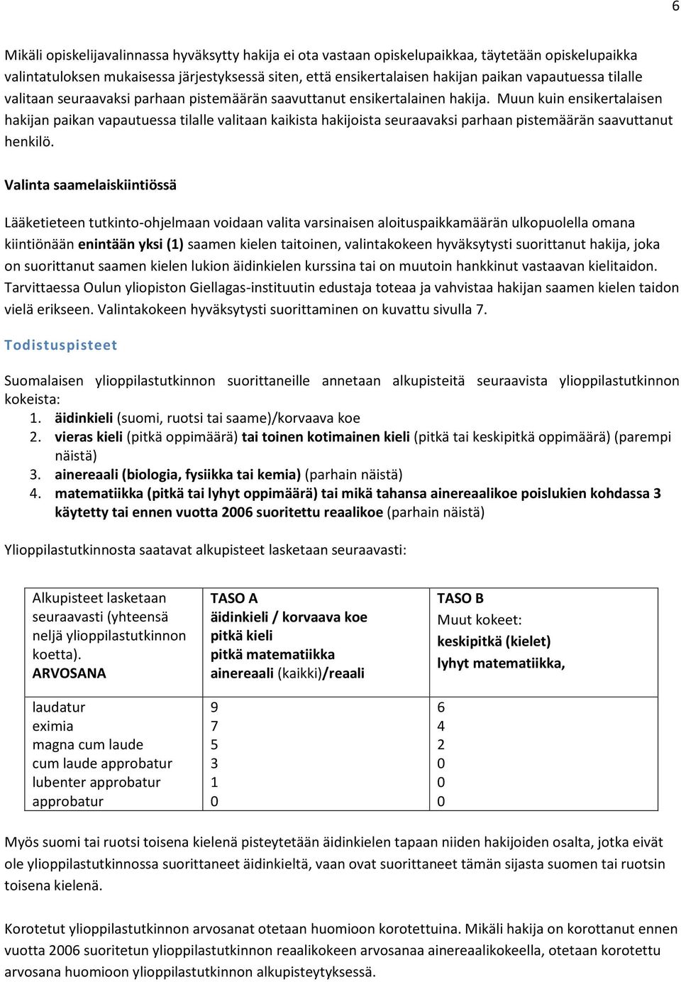 Muun kuin ensikertalaisen hakijan paikan vapautuessa tilalle valitaan kaikista hakijoista seuraavaksi parhaan pistemäärän saavuttanut henkilö.