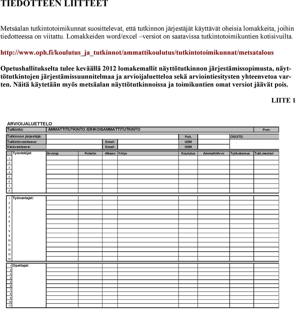 fi/koulutus_ja_tutkinnot/ammattikoulutus/tutkintotoimikunnat/metsatalous Opetushallitukselta tulee keväällä 2012 lomakemallit näyttötutkinnon järjestämissopimusta, näyttötutkintojen