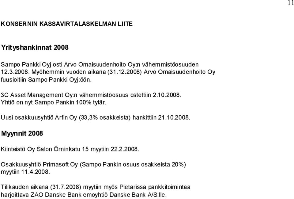 Uusi osakkuusyhtiö Arfin Oy (33,3% osakkeista) hankittiin 21.10.2008. Myynnit 2008 Kiinteistö Oy Salon Örninkatu 15 myytiin 22.2.2008. Osakkuusyhtiö Primasoft Oy (Sampo Pankin osuus osakkeista 20%) myytiin 11.