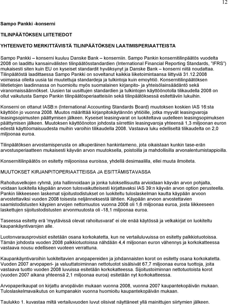 hyväksynyt ja Danske Bank konserni niitä noudattaa. Tilinpäätöstä laadittaessa Sampo Pankki on soveltanut kaikkia liiketoimintaansa liittyviä 31.12.