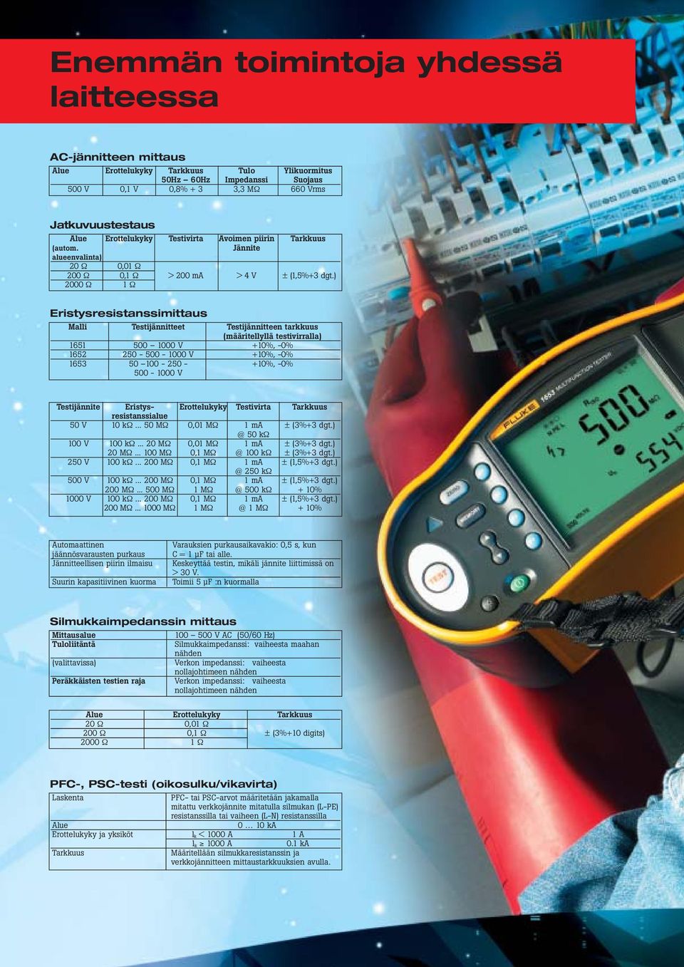 ) 000 Ω Ω Eristysresistanssimittaus Malli Testijännitteet Testijännitteen tarkkuus (määritellyllä testivirralla) 65 500 000 V +0%, -0% 65 50-500 - 000 V +0%, -0% 65 50 00-50 - +0%, -0% 500-000 V