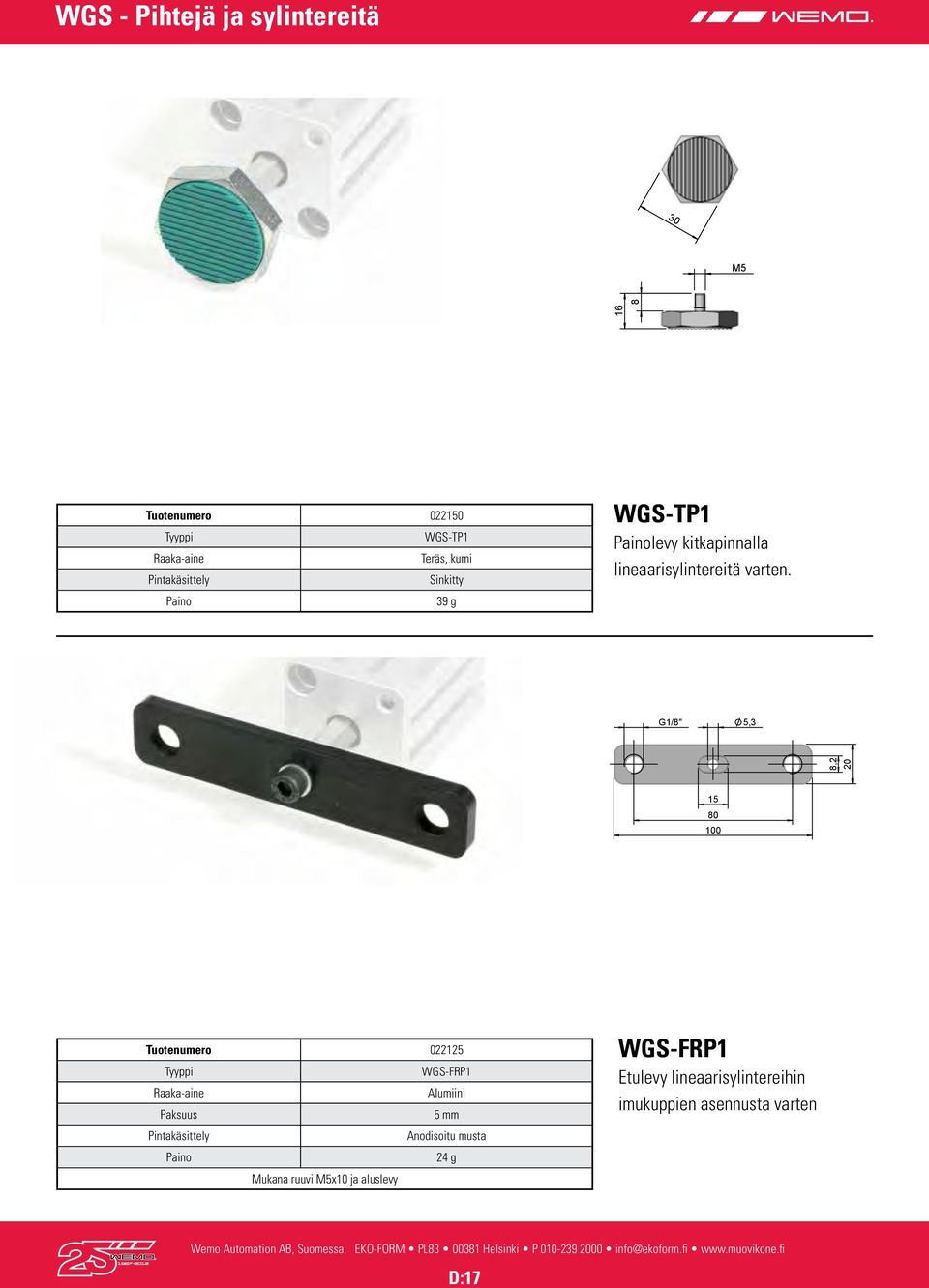 8,2 20 16 8 G1/8" 5,3 80 100 Tuotenumero 0221 WGS-FRP1 Paksuus 5 mm g