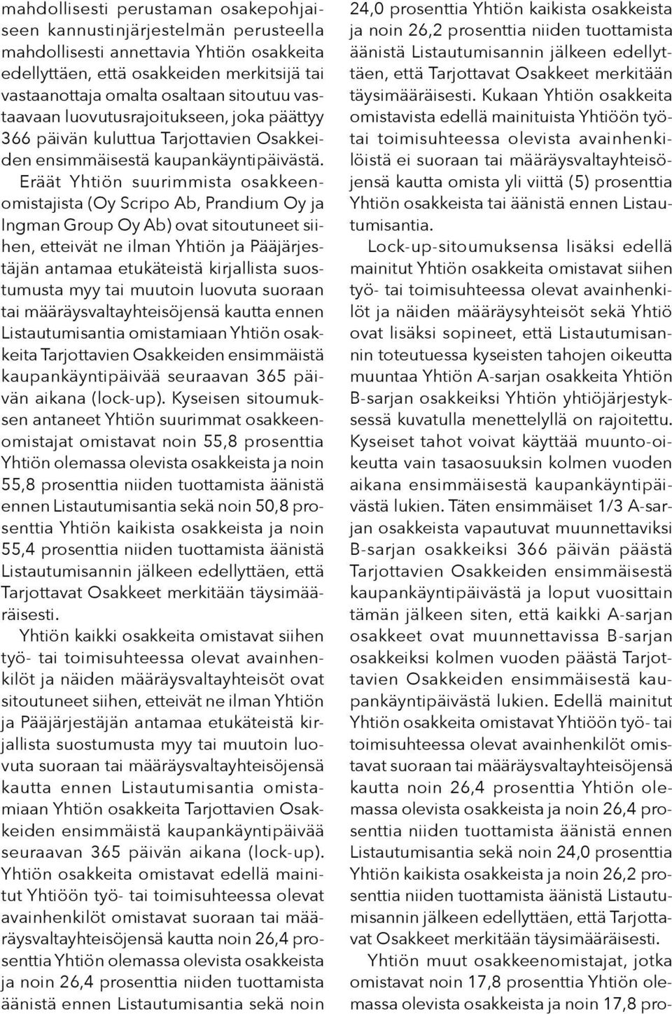 Eräät Yhtiön suurimmista osakkeenomistajista (Oy Scripo Ab, Prandium Oy ja Ingman Group Oy Ab) ovat sitoutuneet siihen, etteivät ne ilman Yhtiön ja Pääjärjestäjän antamaa etukäteistä kirjallista