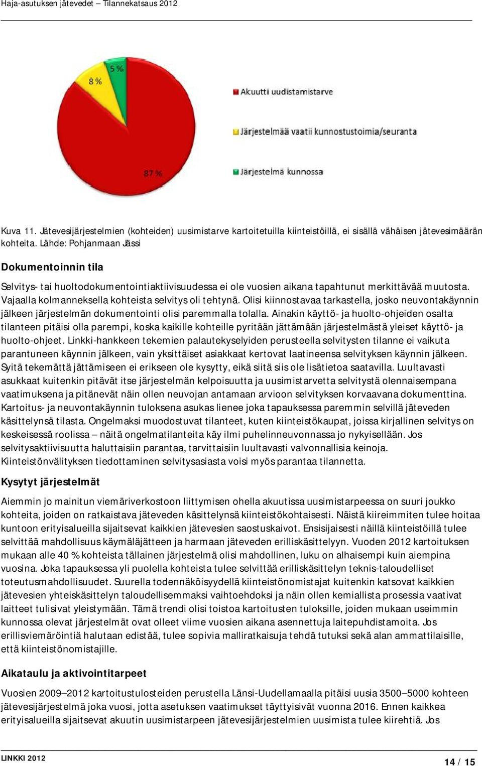 Vajaalla kolmanneksella kohteista selvitys oli tehtynä. Olisi kiinnostavaa tarkastella, josko neuvontakäynnin jälkeen järjestelmän dokumentointi olisi paremmalla tolalla.