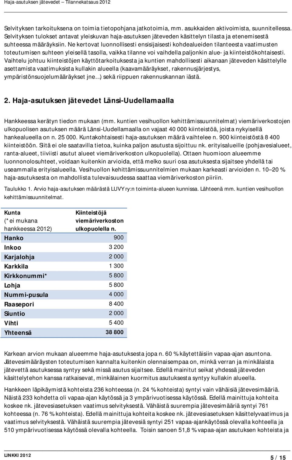 Ne kertovat luonnollisesti ensisijaisesti kohdealueiden tilanteesta vaatimusten toteutumisen suhteen yleisellä tasolla, vaikka tilanne voi vaihdella paljonkin alue- ja kiinteistökohtaisesti.
