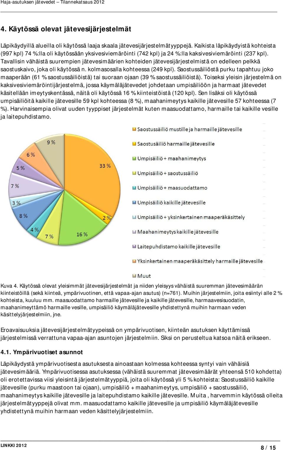 Tavallisin vähäistä suurempien jätevesimäärien kohteiden jätevesijärjestelmistä on edelleen pelkkä saostuskaivo, joka oli käytössä n. kolmasosalla kohteessa (249 kpl).