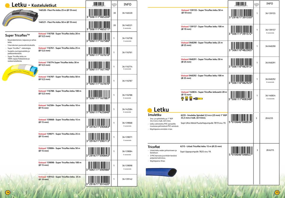 - Suojattu auringonvalolta ja pakkasenkestävä. - Super Tricoflex letku on 00% vapaa ftalaateista ja raskasmetalleista. Uutuus! 6758 - Super Tricoflex letku 20 m (Ø 2,5 mm) Uutuus!