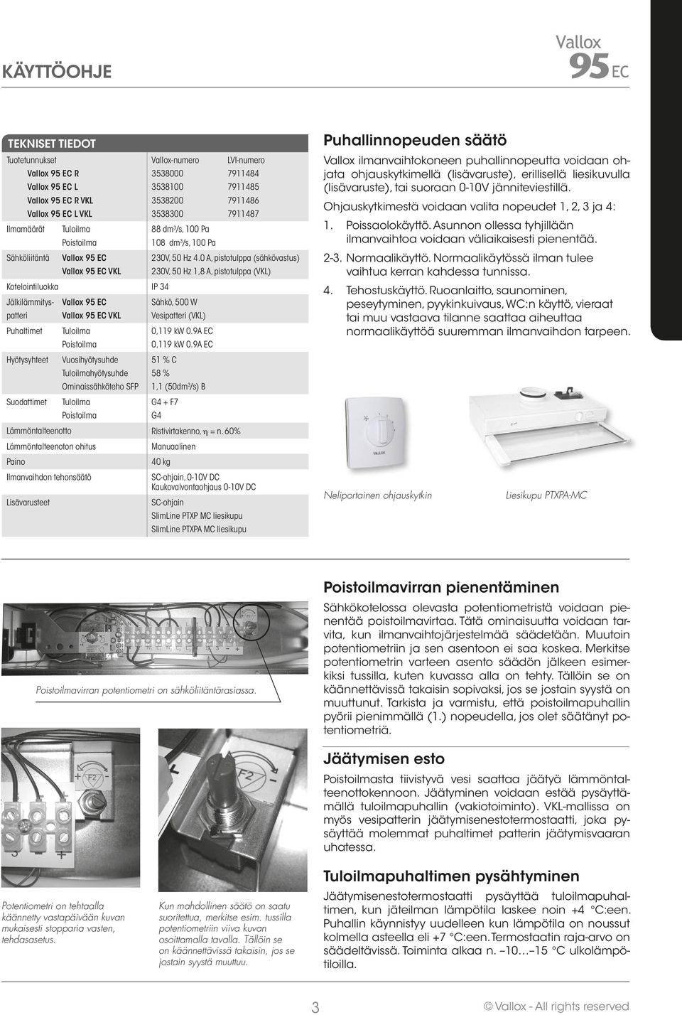 0 A, pistotulppa (sähkövastus) 30V, 50 Hz 1,8 A, pistotulppa (VKL) Kotelointiluokka IP 34 Jälkilämmitys Vallox ähkö, 500 W patteri Vallox VKL Vesipatteri (VKL) Puhaltimet Tuloilma Poistoilma 0,119 kw